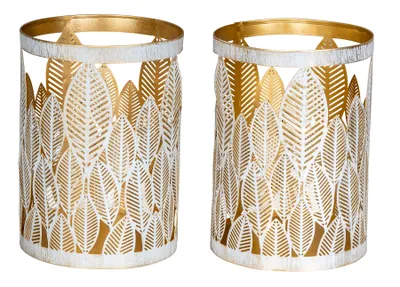 Produktbild von 2er Set Windlicht 13x18cm Weiß Gold Metall Teelichthalter Blattdekor Tischdeko
