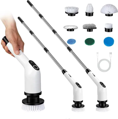 Obrázok produktu pre Elektrická čistiaca kefka – čistiaca kefa – na čistenie kúpeľne – 9 vymeniteľných hlavíc – nastaviteľná – biela