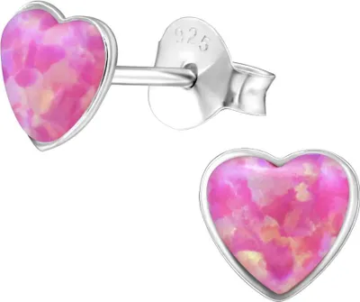 Produktbild von 925 Sterling Silber Ohrstecker Herz synthetischer Opal in verschiedenen Farben Farbe - Pink