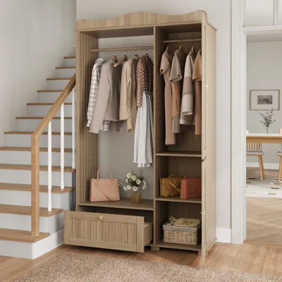 Produktbild von MODFU Garderobenschrank Kleiderstange Integrierter Ganzkörperspiegel Stauraum Mit Türen Und Schubladen Für Schlafzimmer Und Flur Eiche