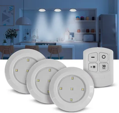 Produktbild von LED Touch-Leuchten 3er-Set + Fernbedienung, Tri-Lux Unterbauleuchten mit 2 Lichtmodi und Timer, Batterie betrieben, selbstklebend, hellweiß Eaxus