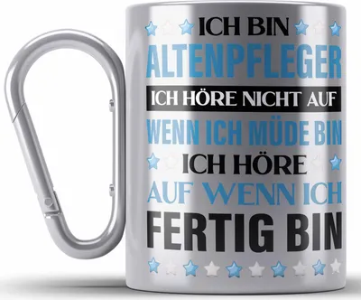 Produktbild von Trendation - Altenpfleger Geschenke Lustig Edelstahl Tasse Karabiner Zubehör Pfleger Geschenkidee Karabiner Edelstahl Tasse Karabiner Edelstahl (Silber)