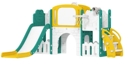 Produktbild von 7-in-1 Rutschenset für Kleinkinder, Basketballkorb, Froschdesign, Klettergerüst, Schaukelsitz, für drinnen und draußen, Gelb+Grün