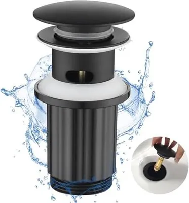 Produktbild von Ablaufgarnitur Waschbecken mit Überlauf - Pop Up Ablaufventil für den Waschtisch aus Messing - Universal 1 1/4 Zoll Waschbecken Ablauf Schwarz (Messingkörper und Kunststoffmutter)