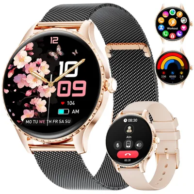 Produktbild von Ultra Dünn Smartwatch Damen mit Telefonfunktion AMOLED Smart Watch für Android iOS IP68 Wasserdicht 270+ Ziffernblätter Menstruationszyklus Schwarz-Gold