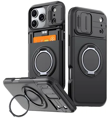 Image de Coque de téléphone avec compartiment pour cartes pour iPhone 17 Pro, cache-caméra coulissant, support avec anneau, coque de protection antichoc, noir