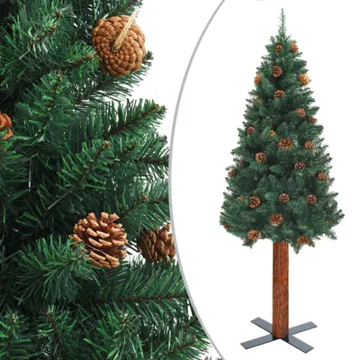 Obrázok produktu pre Úzky vianočný stromček, pravé drevo a šišky, zelený 150 cm, PVC