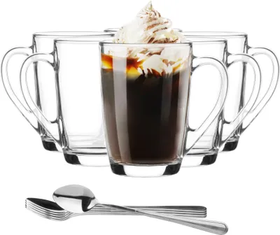 Zdjęcie produktu dla Szklanki z uchem +łyżeczki GLASMARK zestaw 6szt kubki na kawę latte 300ml