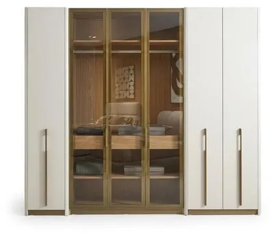 Produktbild von Kleiderschrank Weiß Beige mit Glastüren und Schubladen Schlafzimmer