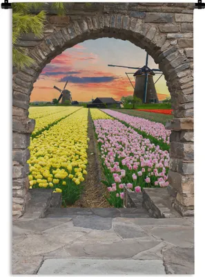 Produktbild von MuchoWow® Wandteppich Wandbehang Tulpen - Blumen - Mühle - Ansicht 120x180 cm Tapisserie Dekoration Wandtuch - Schlafzimmer - Dekorationen für das Haus
