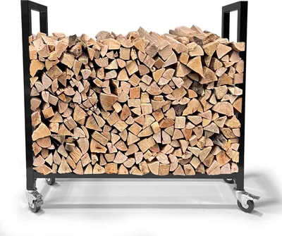 A metal firewood rack filled with split logs, shown on a white background.