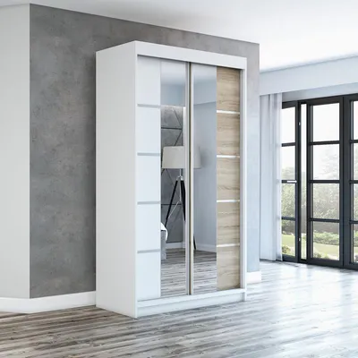 Produktbild von Schwebetürenschrank Kleiderschrank ERA 120 cm Schrank Garderobe Spiegel.Verschiedene Farben (Weiß, Schwarz, Somona). Möbel vom Hersteller!