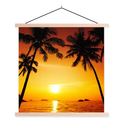 Produktbild von MuchoWow® Textilposter Palme - Sonnenuntergang - Strand - Orange - Tropisch 120x120 cm mit holzfarbenen Rahmen - Textil-Poster