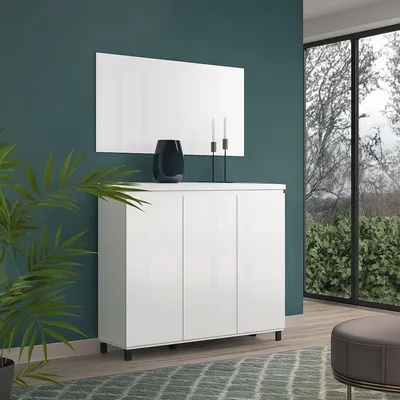 Image de Miriana - Buffet, 138x40x110h cm Blanc Brillant, 4 Étagères Fabriqué en Italie