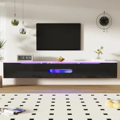 Produktbild von TV-Lowboard - TV-Schrank - 180 x 35 x 30 cm - 16-farbige LED-Beleuchtung - Hochglanz - Spanplatte/MDF - Schwarz-Weiß D