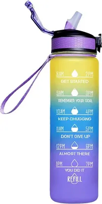 Produktbild von Sport Trinkflasche 1 Liter, Trink Motivation, Strohhalm & Shaker Ball, Fitness, Schule, Ausflug, Büro, leicht, auslaufsicher, robust (Gelb/Blau/Lila)
