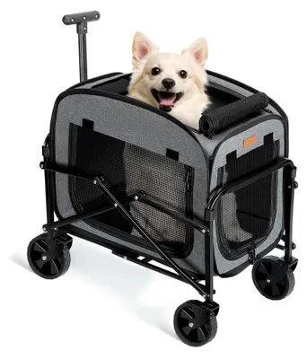 Produktbild von Hundetransporter mit Rädern für große Hunde und Katzen bis 18 kg, rollende Haustierkutsche mit großen All-Terrain-Rädern (Grau)
