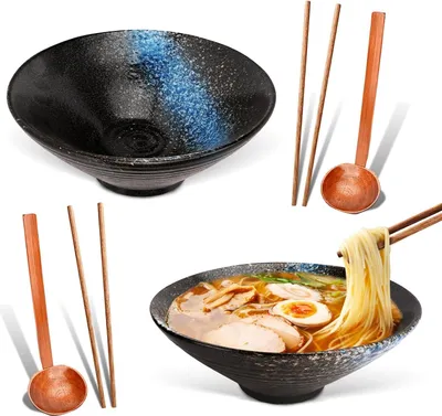 Produktbild von Keramik-Ramen-Schüssel - 2-Sets Ramen-Set mit Löffel und Essstäbchen - 1000 ml - Ideal für Suppen und Pasta - Japanische Design-Keramik