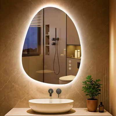 Produktbild von PESENXAN Asymmetrischer LED-Badspiegel mit Beleuchtung 65x50 cm, Beschlagfrei, 3 Lichtfarben Einstellbare Spiegel Bad mit Beleuchtung,Dimmbar, mit Memory-Funktion, Energiesparend,Horizontal/Vertikal