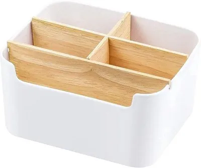 Image de Organiseur de bureau en bois avec plusieurs compartiments pour stylos et accessoires