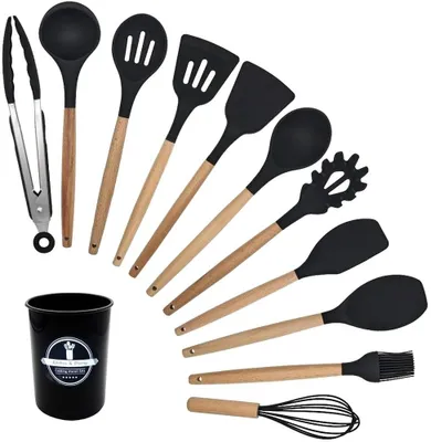 Image de Ensemble d'accessoires de cuisine de 12 pièces - Silicone et bois, couleur noire