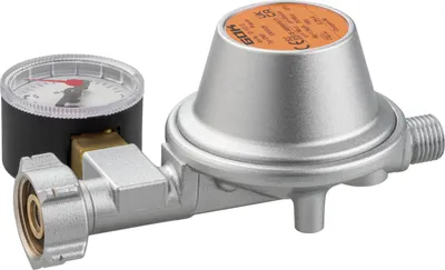 Produktbild von GOK Caramatic BasicOne EN61 – Gasdruckregler 50 mbar 1,5 kg/h mit Manometer & Überdrucksicherung PRV, Shell-F-Anschluss für französische Gasflaschen