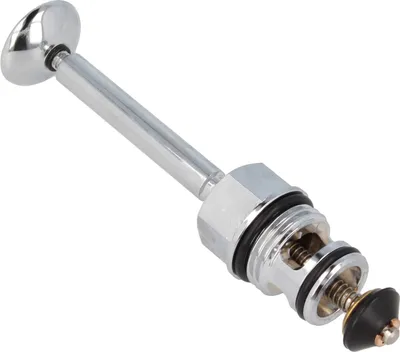 A chrome-plated plumbing valve assembly with a spring-loaded mechanism and a black rubber seal.