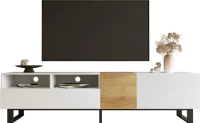 Image de Armoire TV moderne Sweiko, aspect blanc et bois, 180 x 50 x 38 cm, design minimaliste