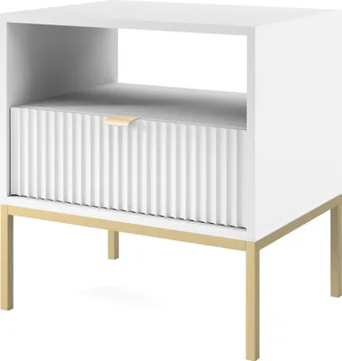 Produktbild von NOVA Nachttisch, Weiß-Gold, Glamourös, geriffelte Front, mit offenem Regal, aus 16mm laminierter MDF-Platte, Metallgestell, Aluminiumgriffen, B54xH56xT39 cm, Moderner Blickfang.