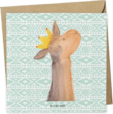 Produktbild von Mr. & Mrs. Panda Grußkarte Lamakopf König - Aztekenblau - Geschenk, Freundin, Lama, doppelkarte, anlasskarte, Mama, Königin, Lamas, Klappkarte, Papa, faltkarte