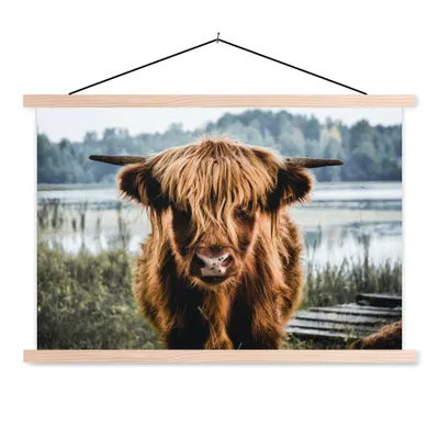 Produktbild von MuchoWow® Textilposter Kühe - Schottische Hochlandbewohner - Braun - Natur 120x80 cm mit holzfarbenen Rahmen - Aufhängeset