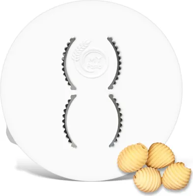 A white circular mold with cutouts and a logo, shown with a few small, ridged pasta shapes in the foreground.