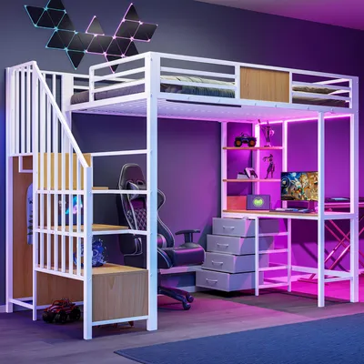 Obrázek produktu pro Dvoupatrová postel 95,5 x 175 cm, s LED osvětlením, se stolem, s úložným prostorem, s policemi, bílá