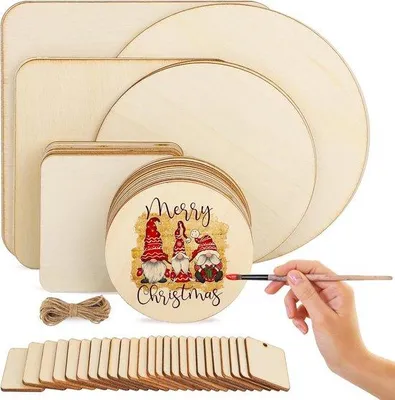Produktbild von Holzscheiben Set mit Touw, 55 Stück, Rund und Quadratisch, Kreative Dekorationen und Untersetzer