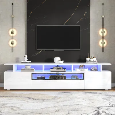 Produktbild von MODFU TV-Schrank Lowboard Hochglanz mit LED-Lichtstreifen, 2 Schränken, 1 Schublade und 4-Schicht-Strukturdesign, Fernsehschrank Weiß