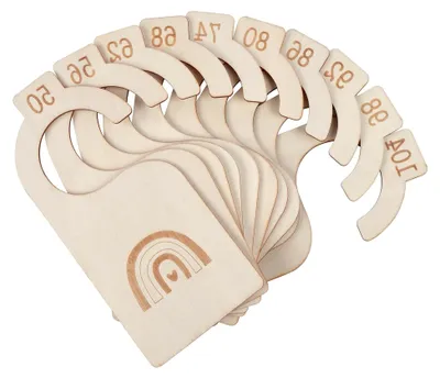 Produktbild von 10 Stück Holz Größentrenner für Babys, Kleiderschrankteiler für Babykleidung, Größenreiter 50-104 zur Kleidungsklassifizierung