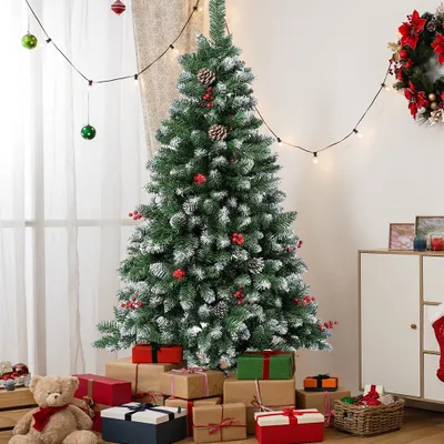 Produktbild von 180cm Künstlicher Weihnachtsbaum mit Schnee mit 600 Spitzen PVC, Tannenbaum mit Tannenzapfen