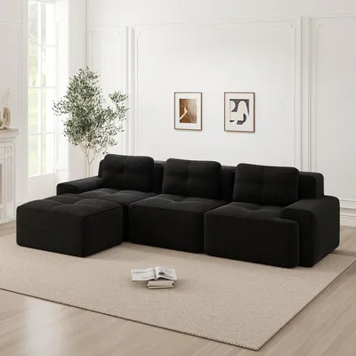 Produktbild von Cloud Modulsofa Boneless L-förmiges Sofa, Modulares Sofa mit Ottoman, Modulares Cloud-Sofa, 3-Sitzer 80% Corduroy-Cloud-Sofa für Wohnzimmer, Montagefreies Sofa, Schwarz