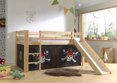 Produktbild von Vipack Halbhohes Bett PINO, mit Rutsche und Textilset "Caribian Pirate", Ausf. Kiefer massiv natur lackiert