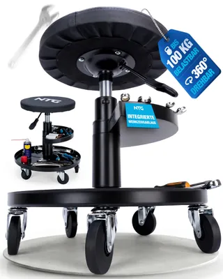 Produktbild von NTG Rollhocker Höhenverstellbar bis 55 cm – Werkstatthocker bis 100 kg mit 5 Rollen & Ablageschale – Drehhocker Werkstatt