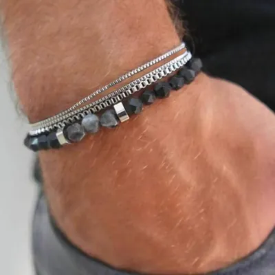 Produktbild von Armband Set Herren, Cooles Armband Männer, Mehrreihig, aus Edelstahl und Steinen, Geschenkverpackung,maskulin, trendig, tolle Geschenkidee, J0708