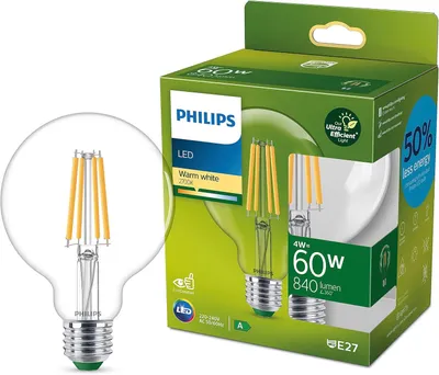 Zdjęcie produktu dla Philips Przezroczysta żarówka z widocznym spiralnym żarnikiem 60 W G95 E27, 4 W, 60 W, E27, 840 lm, 50000 h, Ciepłe białe