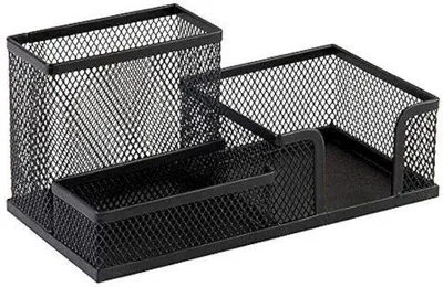 Image de Support en mesh 3 en 1 pour stylos, idéal pour le bureau et l'école - 3 compartiments - Organisateur - Noir