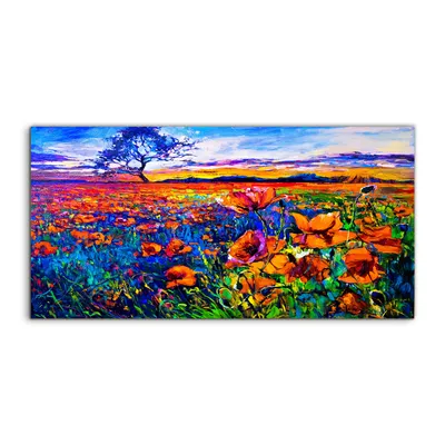 Produktbild von Coloray Glasbild 140x70  Wandbild Glasbilder Blume Wiese Baum Landschafts Himmel