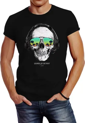 Produktbild von Herren T-Shirt Totenkopf Kopfhörer Musik Party Skull Sonnenbrille Schädel Sounds of Detroit Music Slim Fit Neverless® schwarz L