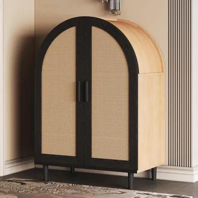 Image de Armoire – Rangement à chaussures – Meuble de rangement – Commode – Portes en rotin – 3 étagères spacieuses – Design naturel