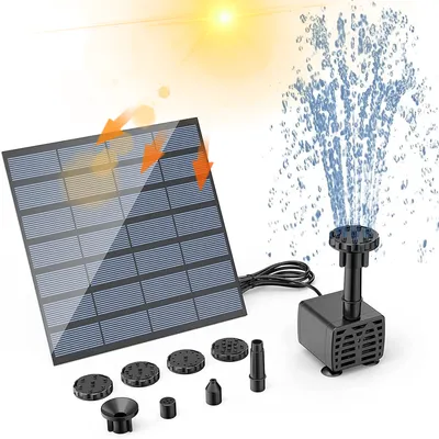A solar-powered fountain pump kit with a solar panel, pump, and various nozzle attachments, set against a white background with a sun graphic and water spray.