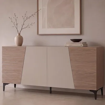Produktbild von Sideboard HWC-Q83, Kommode Schrank Türen 3D-Struktur Staufächer MDF Melamin 80x160x42cm  Nussbaum-Optik hell