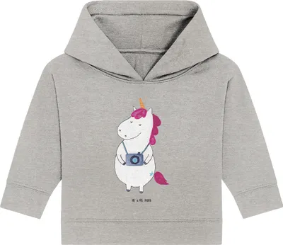 Produktbild von Mr. & Mrs. Panda Organic Baby Hoodie Einhorn Fotograf 12. - 18. Monat - Heather Grey - Geschenk, Kamera, Unicorn, Urlaub, Kapuzenshirt, Kapuzensweatshirt, Städtereise