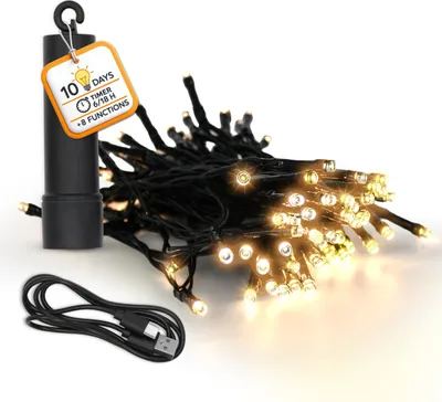 Productafbeelding van USB-oplaadbare LED-lichtketting met batterij, tot 10 dagen brandduur met timer - 50 LED's over 3,7 meter - Buitenverlichting, warm wit licht met 8 functies